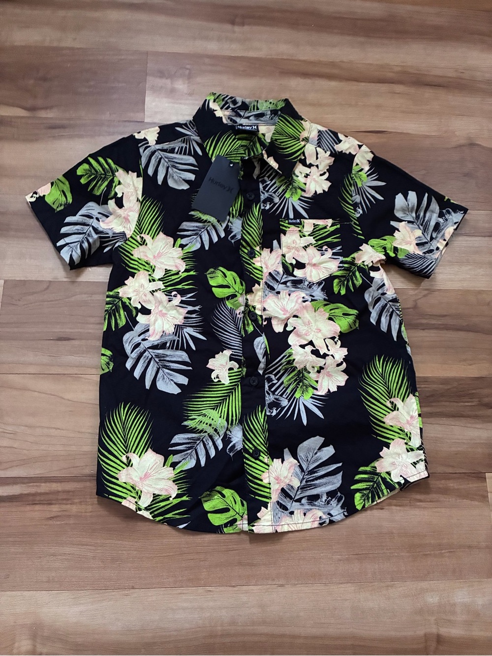 Boys Hurley Black Tropical Button-Down Shirt with Green & Pink Floral Print